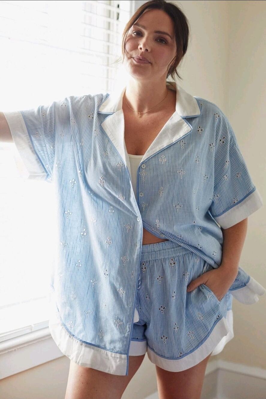 Anthropologie The Bijou Striped Eyelet Button Shirt Baby Blue XS Cottage 3640